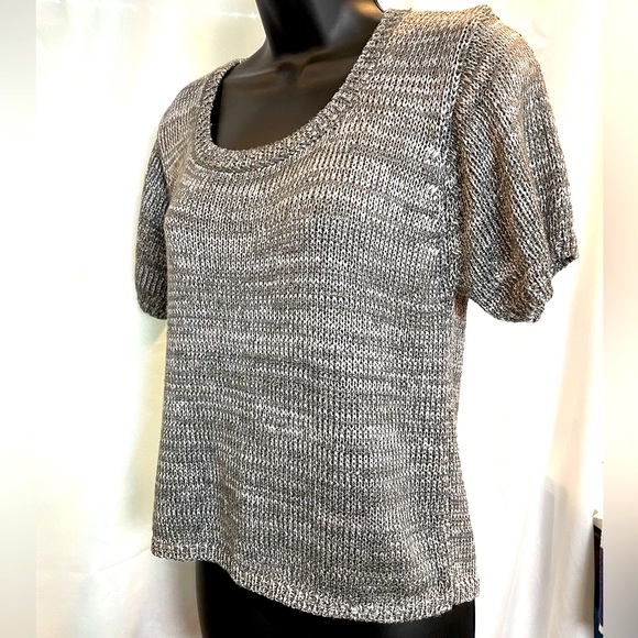 Metallic Silver Shimmer Open Knit Body Crop Short Sleeve Sweater Large - Picture 10 of 10